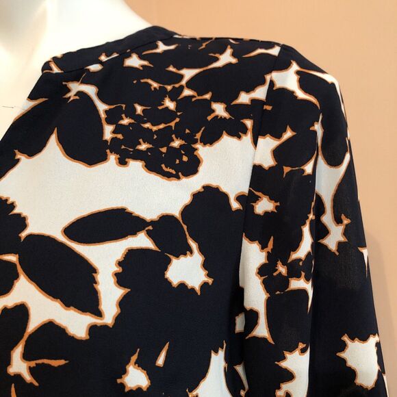 The Limited Navy Blue Orange Long Sleeve Floral V Neck Blouse Lined Small - Picture 2 of 9